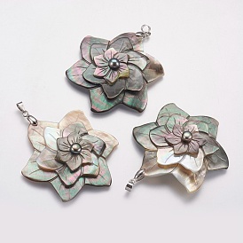 Black Lip Shell Pendants, with Platinum Tone Brass Bail, Flower