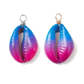 2Pcs 2 Colors Spray Painted Natural Cowrie Shell Deep Sky Blue Pendants, with Eco-Friendly Round Copper Wire Loops