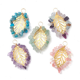 Natural & Synthetic Mixed Gemstone Chip Pendants, Iron Leaf Charms