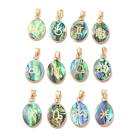 Constellation Natural Paua Shell Pendants, Golden Tone Brass Oval Charms