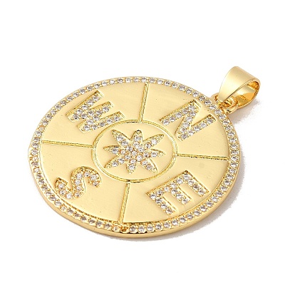 Rack Plating Brass Micro Pave Cubic Zirconia Pendants, Cadmium Free & Lead Free, Real 18K Gold Plated, Long-Lasting Plated, Compass