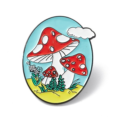 Oval with Mushroom Enamel Pin, Alloy Brooch for Backpack Clothes, Electrophoresis Black