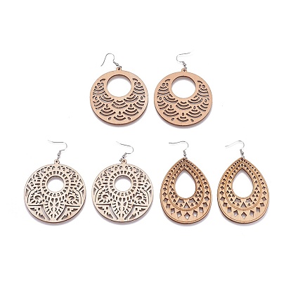 Laser Cut Wood Dangle Earrings, with Stainless Steel Findings and Brass Earring Hooks, Mixed Shapes