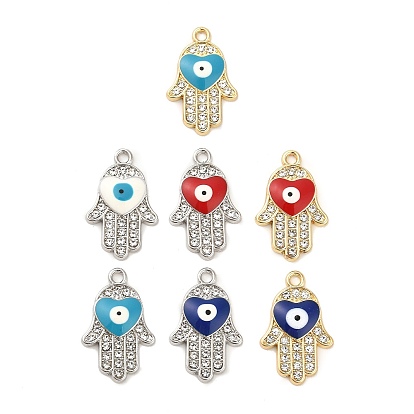 Alloy Enamel Pendants, with Rhinestone, Long-Lasting Plated, Hamsa Hand with Heart & Evil Eye Charm