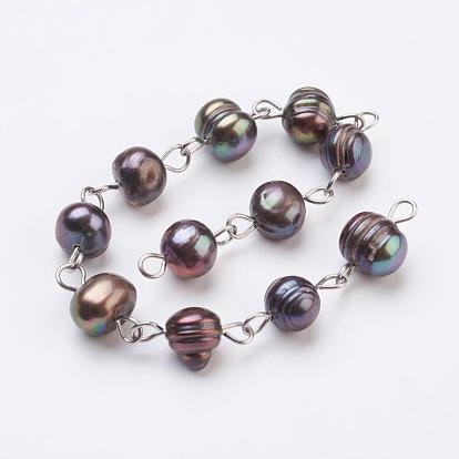 Handmade Natural Pearl Beaded Chains, Unwelded, with 304 Stainless Steel Eye Pin