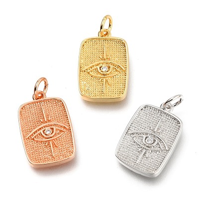 Brass Micro Pave Clear Cubic Zirconia Pendants, Long-Lasting Plated, with Jump Ring, Rectangle with Eye