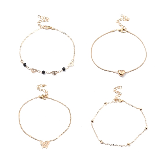 4Pcs 4 Style Alloy Chain Anklets Set with Heart Beaded and Butterfly Charm for Women