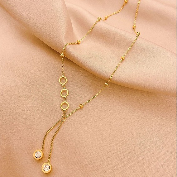 304 Женские плоские круглые подвески-кисточки из нержавеющей стали с прозрачными кубическими цирконами