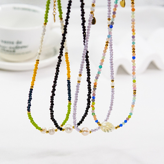 Летние ожерелья из граненого стекла и искусственного жемчуга из нержавеющей стали для женщин