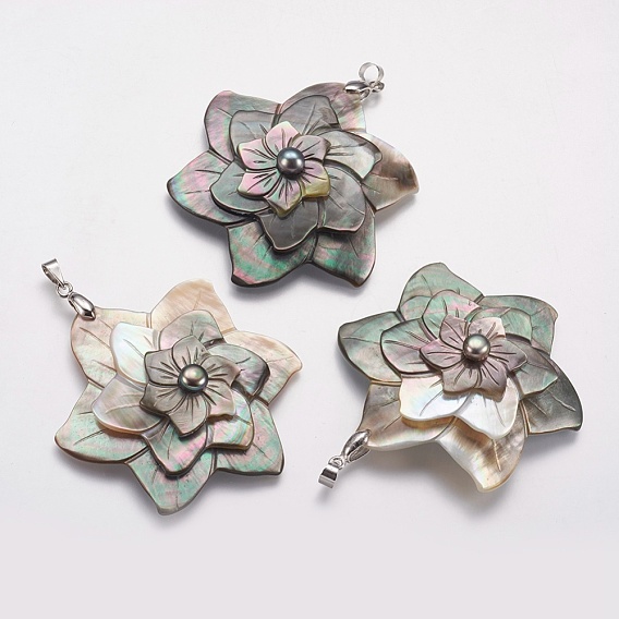Black Lip Shell Pendants, with Platinum Tone Brass Bail, Flower
