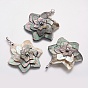 Black Lip Shell Pendants, with Platinum Tone Brass Bail, Flower