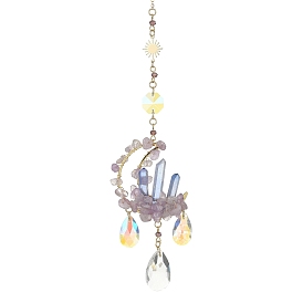 Wire Wrapped Natural Amethyst Chip & Brass Moon Pendant Decoration, with Glass Teardrop Charm, for Home Hanging Decoration