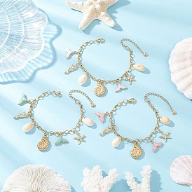 3Pcs 3 Colors Stainless Steel & Alloy Enamel Charm Bracelets, 304 Stainless Steel Cable Chains Bracelets for Women, Whale Tail & Starfish & Shell Shape, with Natural Cowrie Shell Beads