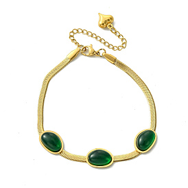 Ion Plating(IP) 304 Stainless Steel Herringbone Chain Bracelets, Green Oval Resin Link Bracelets for Women