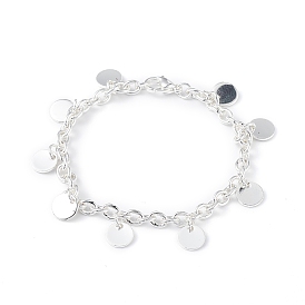304 Stainless Steel Flat Round Charm Bracelets with Cable Chains for Women