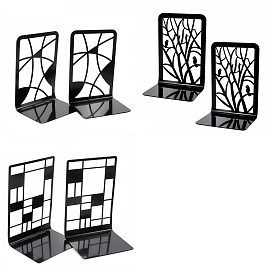 Soportes de exhibición de sujetalibros de hierro antideslizante recrtangle, Tapón de libro de metal resistente de escritorio para estantes, negro, árbol/cuadrado/patrón geométrico