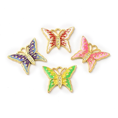 Real 18K Gold Plated 304 Stainless Steel Rhinestone Pendants, with Enamel, Butterfly Charms