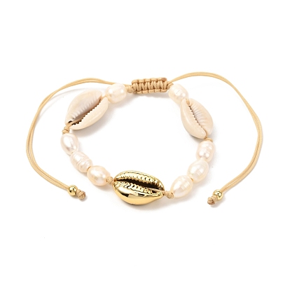 Natural Pearl & Cowrie Shell Braided Bead Bracelet for Teen Girl Women, Golden