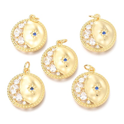 Brass Micro Pave Clear Cubic Zirconia Pendants, with Jump Rings, Flat Round with Flower