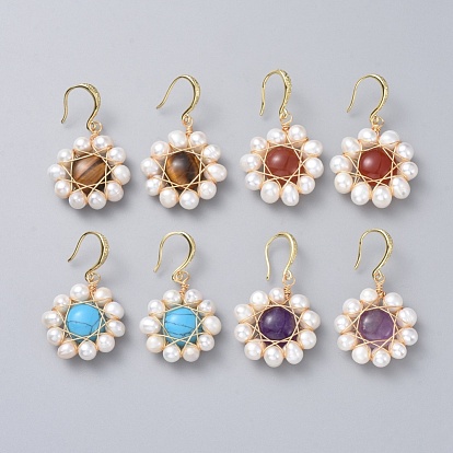 Cuelga los pendientes, con cabujones de piedras preciosas, perla, alambre de cobre, ganchos para pendientes de latón y cajas de cartón