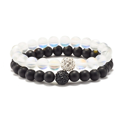 Synthetic Moonstone & Black Stone Round Beads Stretch Bracelets Set, Stone Jewelry with Round Rhinestone for Women