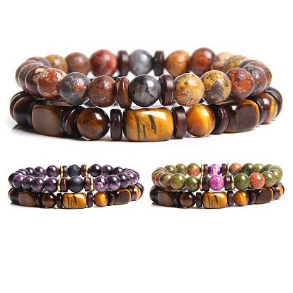 Men's Double-layered Tiger Eye Stone Beaded Bracelet Set - Natural Gemstone Jewelry