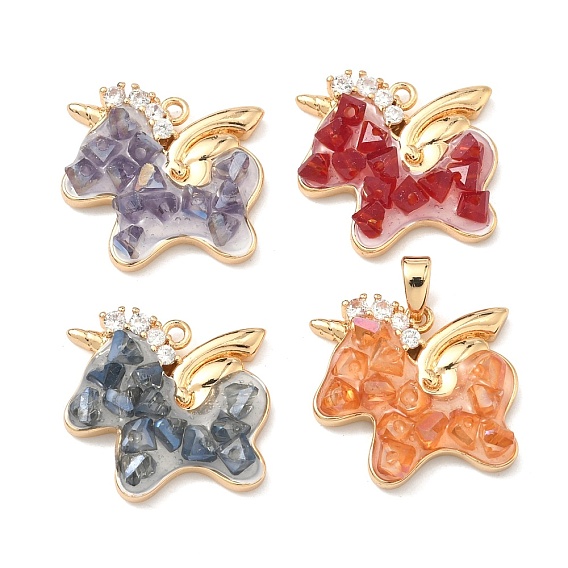 Латунные микропаве прозрачные подвески с фианитом, cmолой, прелести единорога, золотые