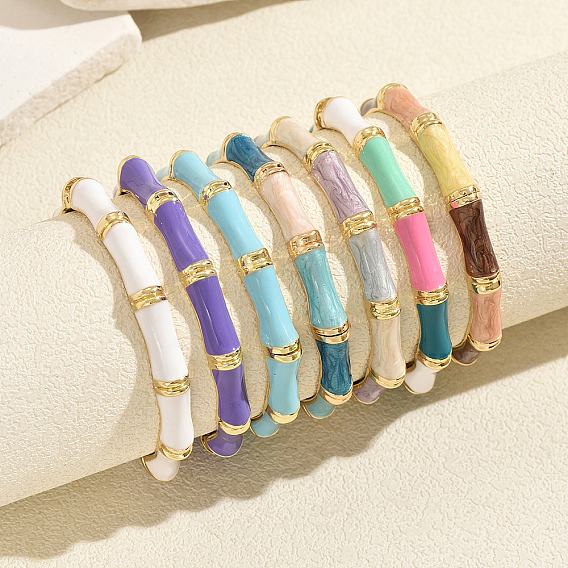 Vintage Zinc Alloy Enamel Bamboo Hinged Cuff Bangles for Women, Golden