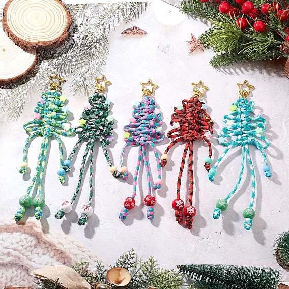 5шт. полиэстер и спандекс шнуры подвесные украшения для елки, с натуральными деревянными бусинами и поворотными застежками из сплава в форме звезды