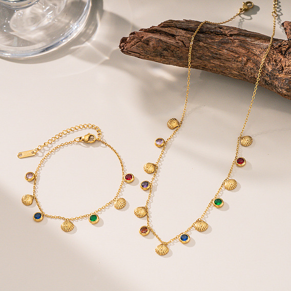 304 Браслеты из нержавеющей стали с подвесками из цветного кубического циркония, браслеты-цепочки для женщин, форма раковины и плоская круглая