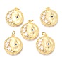 Brass Micro Pave Clear Cubic Zirconia Pendants, with Jump Rings, Flat Round with Flower