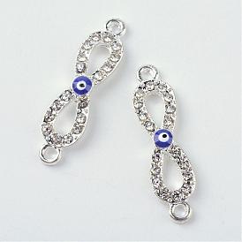 Alloy Rhinestone Evil Eye Links Connectors, Infinity, with Enamel, 28.5x7.5x2.5mm, Hole: 2mm