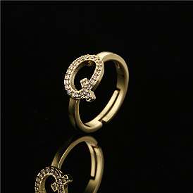 18K Gold Plated Copper Micro Pave Adjustable Open Ring with 26 English Letters
