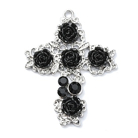 Rack Plating Alloy & Black Resin Pendants, Rose Flower Cross Charms