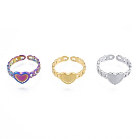 304 Stainless Steel Heart with Chain Cuff Rings, Open Rings for Women Girls