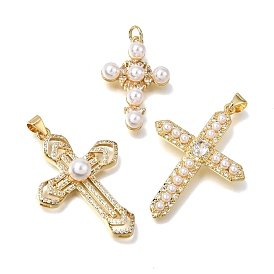 Brass Micro Pave Clear Cubic Zirconia Pendants, with ABS Plastic Imitation Pearl, Cross Charms, Lead Free & Cadmium Free, Long-Lasting Plated, Rack Plating, White