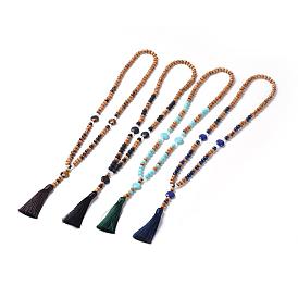 Collares con borla de poliéster, Con cuentas de piedras preciosas y cuentas de madera teñidas.