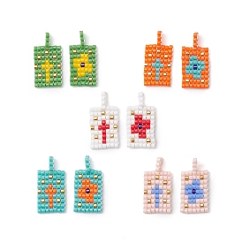 2 Pcs Glass Seed Bead Pendants, Rectangle with Wind Eye/Cross Pattern