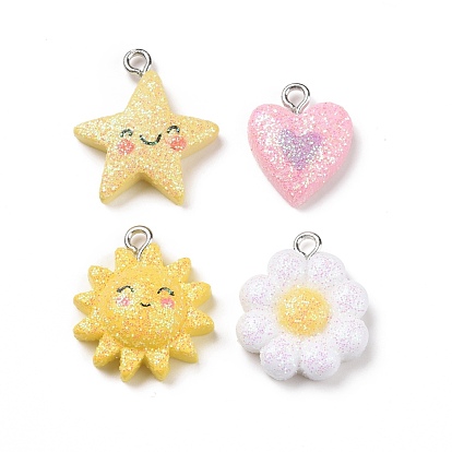 Opaque Resin Pendants, with Glitter Powder and Platinum Tone Iron Loops, Heart/Sun/Star/Flower Pattern
