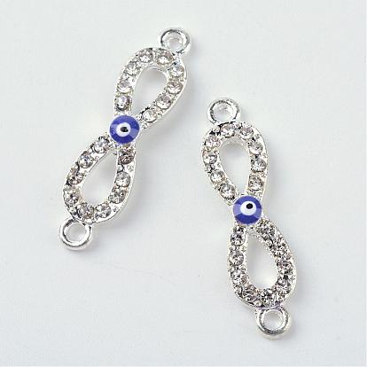 Alloy Rhinestone Evil Eye Links Connectors, Infinity, with Enamel, 28.5x7.5x2.5mm, Hole: 2mm