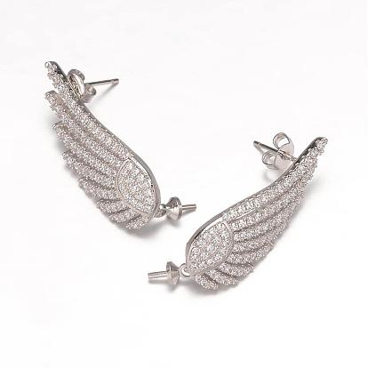 Wing Brass Micro Pave Cubic Zirconia Stud Earring Findings for Half Drilled, 36mm, Pin: 0.8mm
