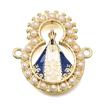Brass Enamel Connector Charms, Our Lady of Aparecida Links, with ABS Plastic Pearl, Long-Lasting Plated, Cadmium Free & Lead Free, Real 18K Gold Plated