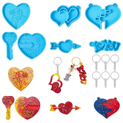 Moules en silicone pendentif bricolage, moules de résine, pour la résine UV, fabrication de bijoux en résine époxy, avec des porte-clés fendus en fer 6pcs et des anneaux ouverts en fer 6pcs, coeur & mot & clé