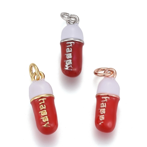 Brass Enamel Pendants, with Jump Rings, Long-Lasting Plated, Pill Bar Shape with Word Happy