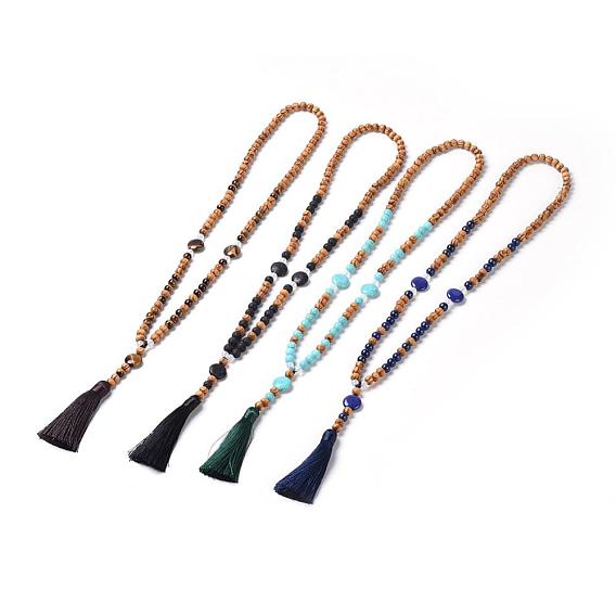 Polyester Tassel Pendant Necklaces, with Gemstone Beads and Dyed Wood Beads