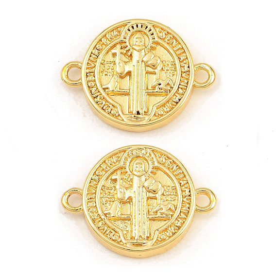 Brass Connector Charms, Flat Round with Saint Benedict Links, Rack Plating, Long-Lasting Plated, Lead Free & Cadmium Free