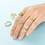 6Pcs 6 Styles Brass Cuff Rings, Open Rings, Long-Lasting Plated, Ring with Bar & Snake & Rhombus & Twist & Smiling Face