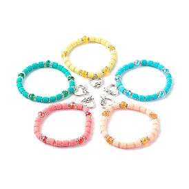 Handmade Polymer Clay Beads Stretch Bracelets, with Electroplate Glass Beads and Brass Rhinestone Spacer Beads, with 
Alloy Heart Pendants