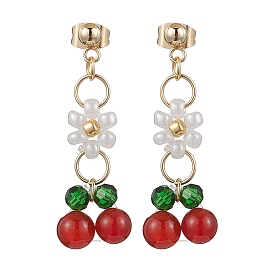 Cherry & Flower Glass Dangle Earrings, with 304 Stainless Steel Stud Earring Findings and Glass Seed Beads, Golden