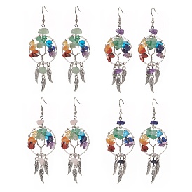 Natural & Synthetic Mixed Gemstone Chips Tree of Life with Alloy Feather Chandelier Earrings, 304 Stainless Steel Jewelry for Women